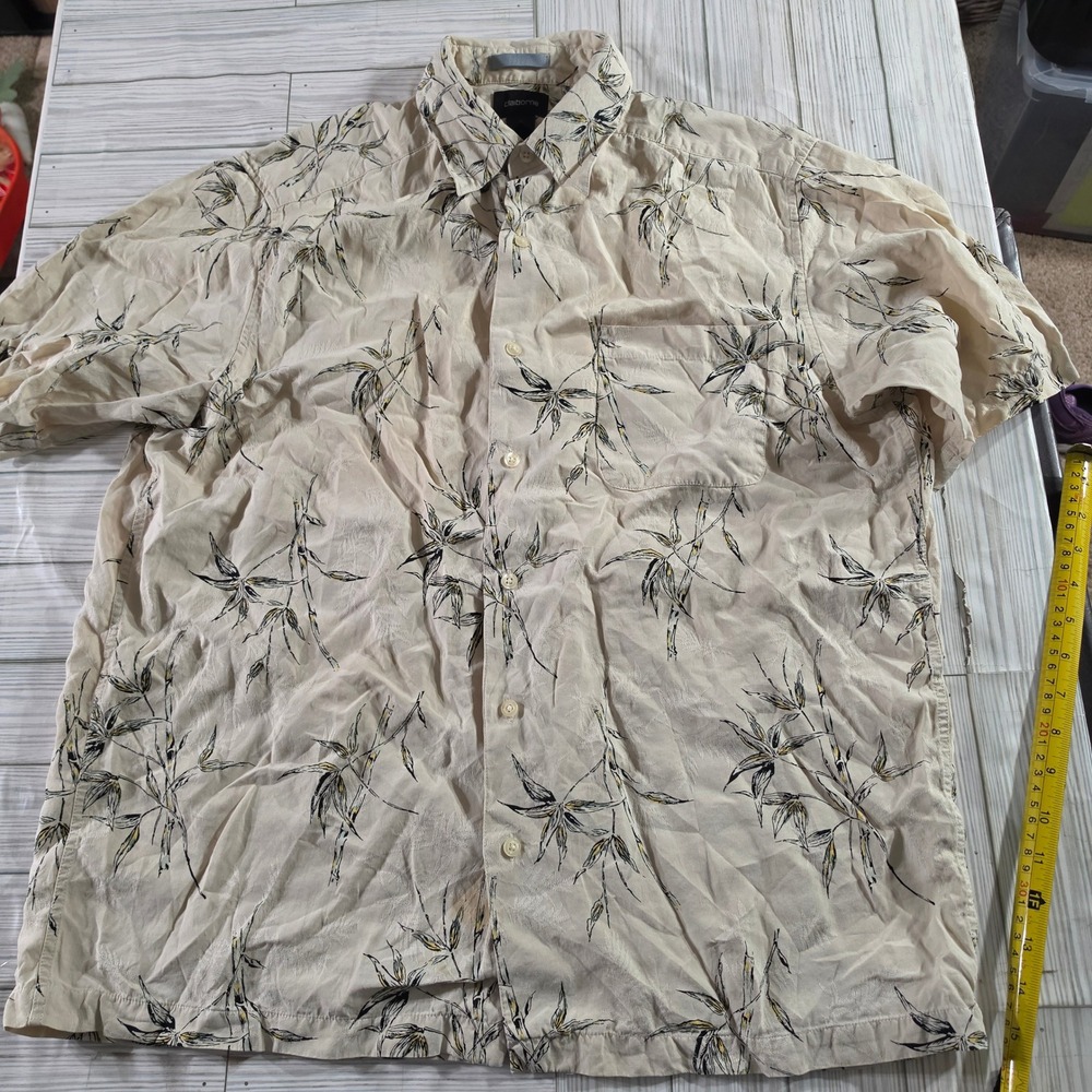 Claiborne Mens Large Silk Linen Bamboo Print Short Sleeve Button Up Shirt Beige
